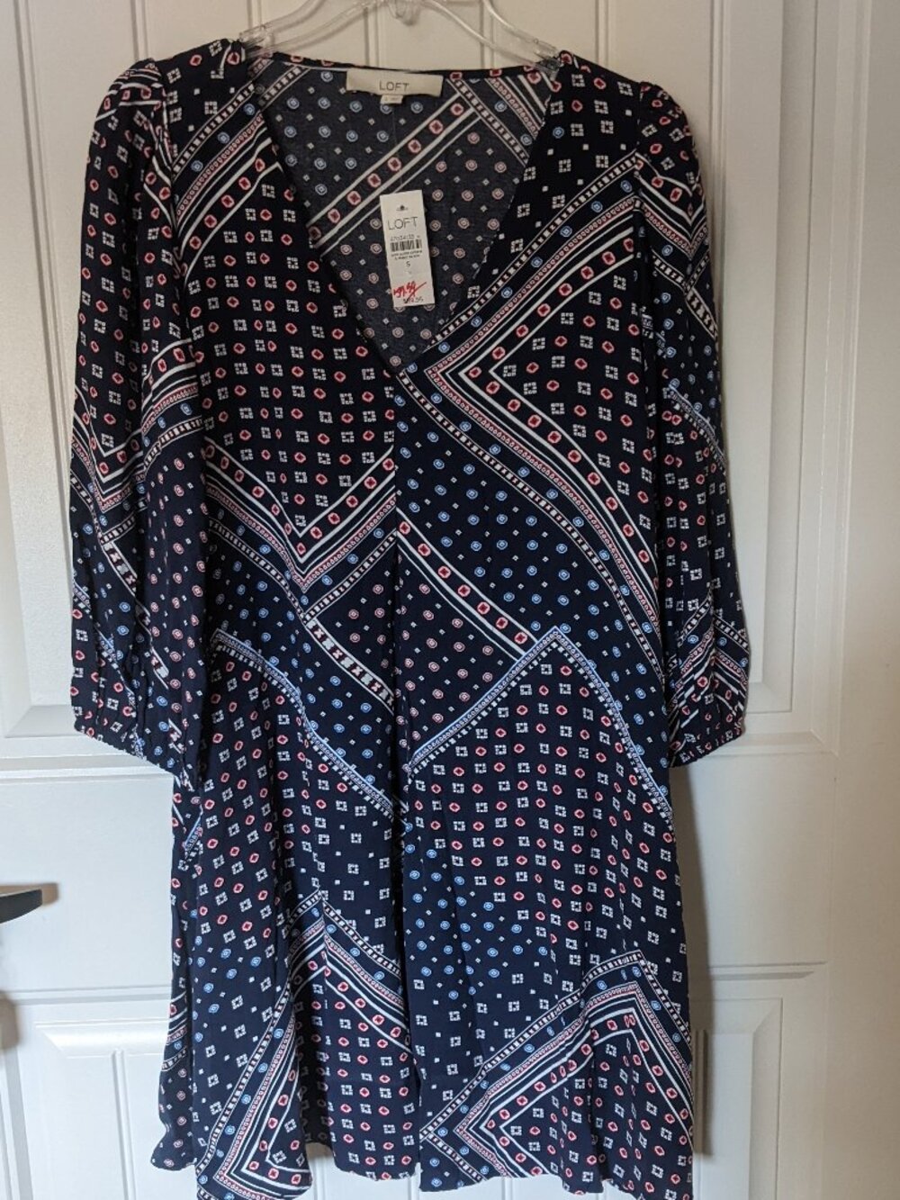 Loft Women's Navy Long Sleeve Small Dress Geometric Midi NWT